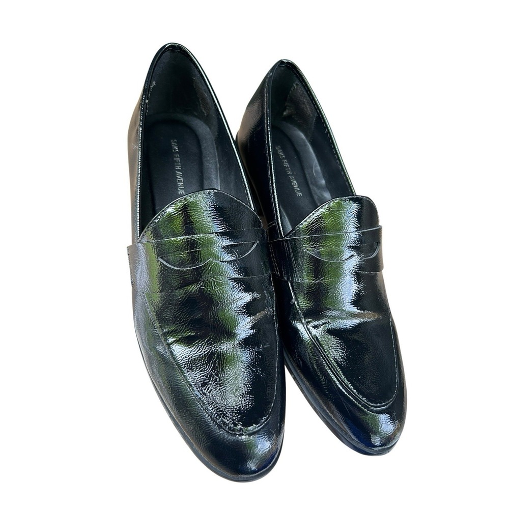 Saks Fifth Avenue Black Patent Leather Penny Loafers Shiny Women's Size 10 EUC